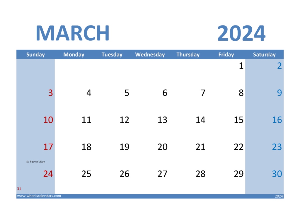 March 2024 Calendar Landscape M3010