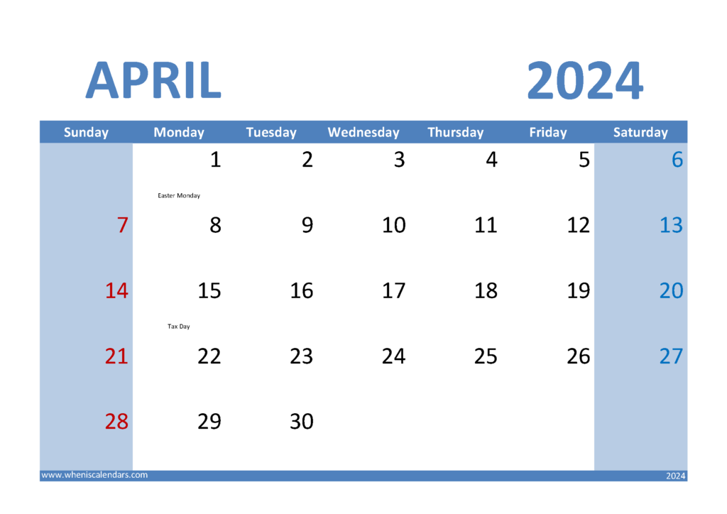 April 2024 Calendar Landscape A4010