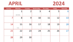 April 2024 desk Calendar Printable A4291