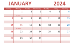 Download January Calendar 2024 Printable A4 Horizontal J4012