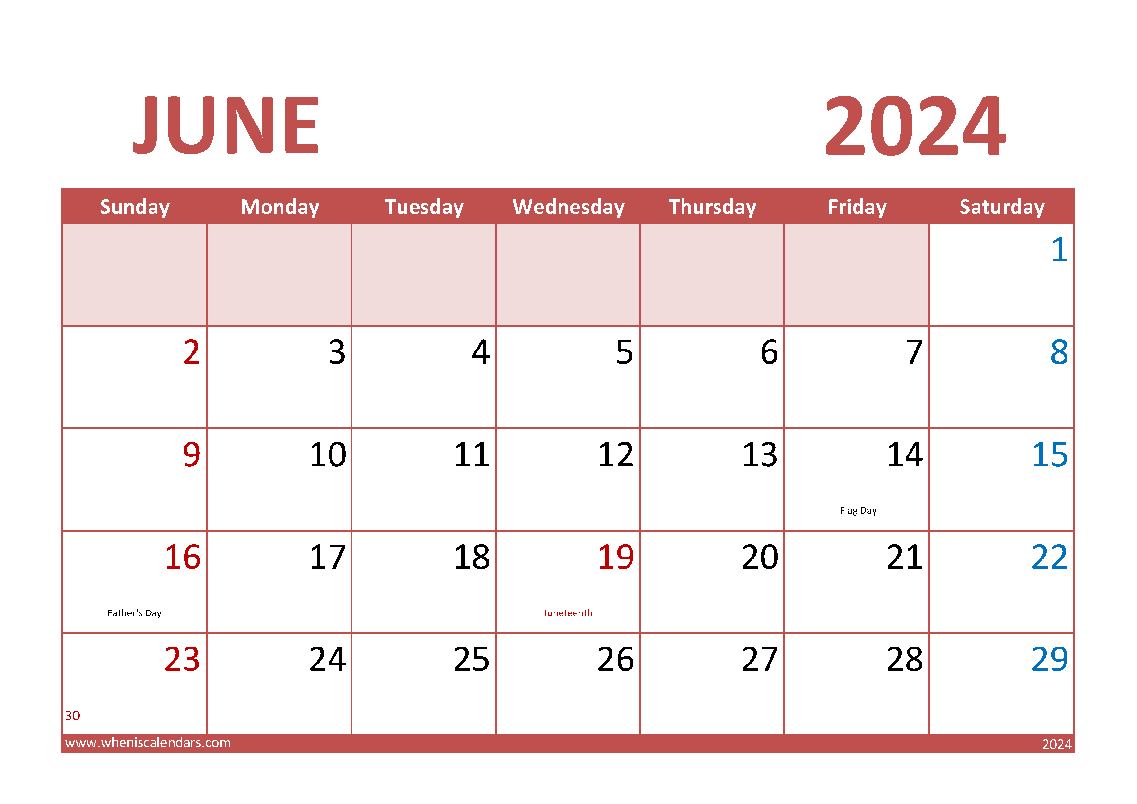 Download June 2024 Printable Calendar A4 Horizontal 64011