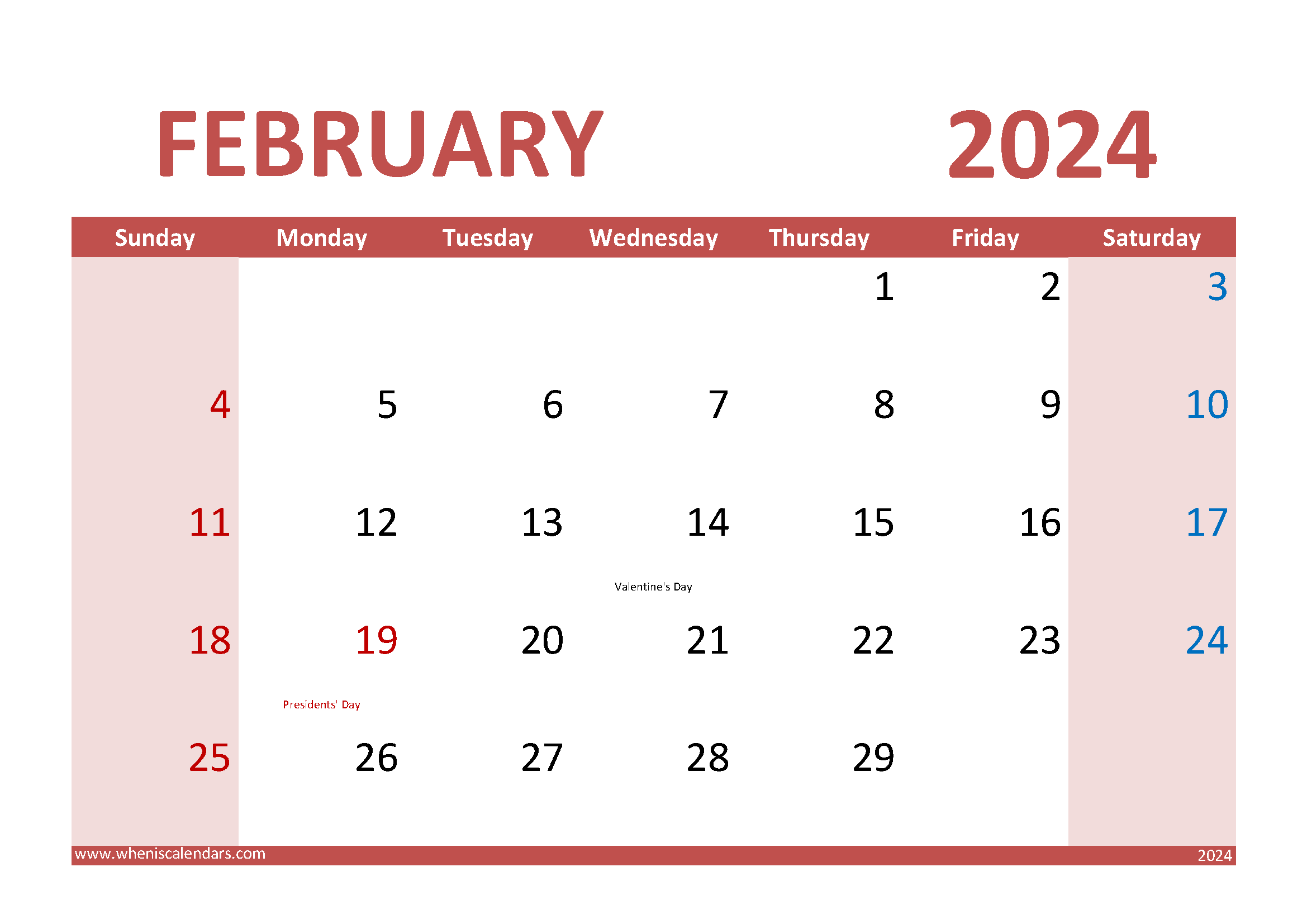 Download Free Printable Calendar February 2024 A4 Horizontal 24015