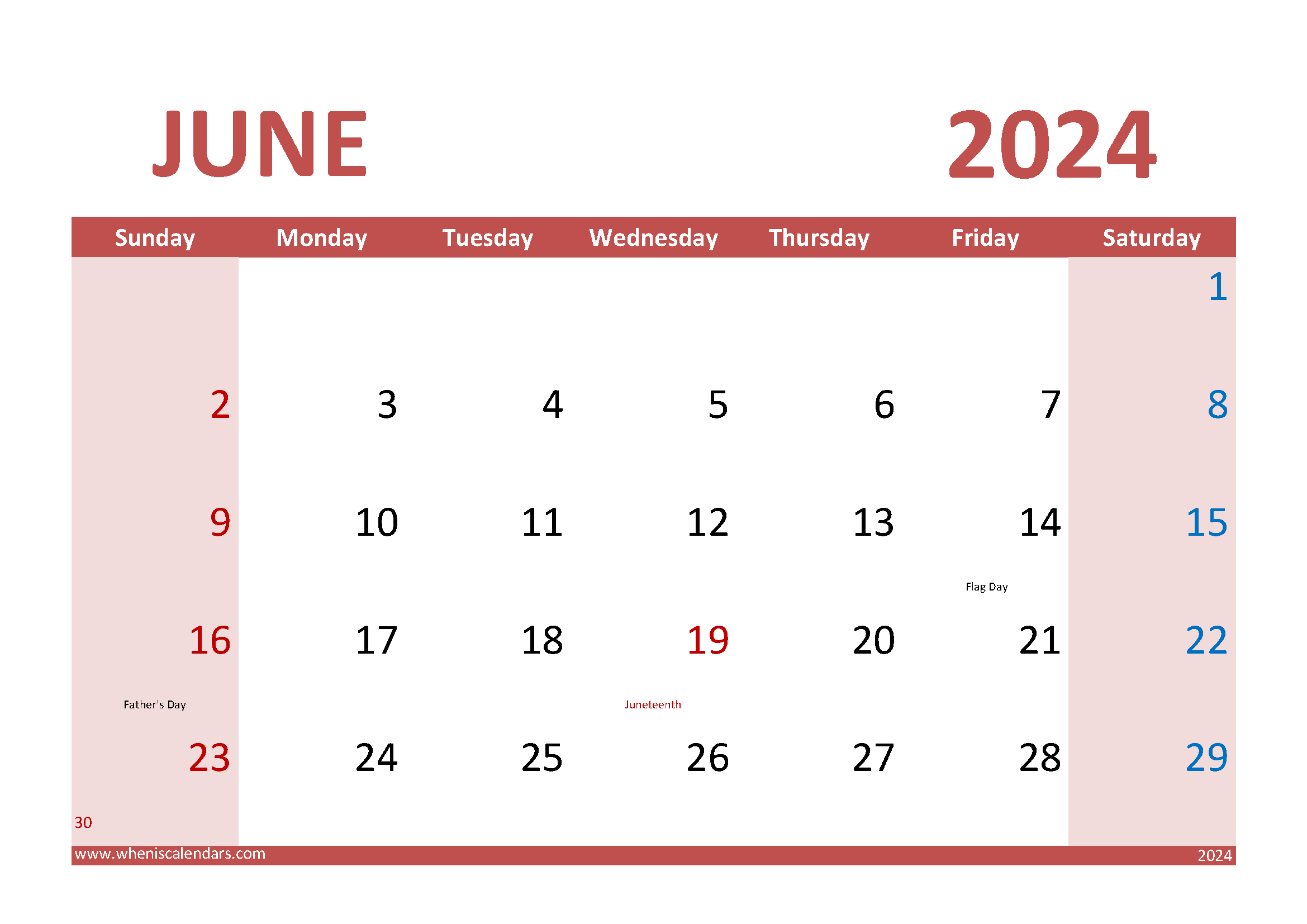 Download Free Printable June 2024 Calendar A4 Horizontal 64014