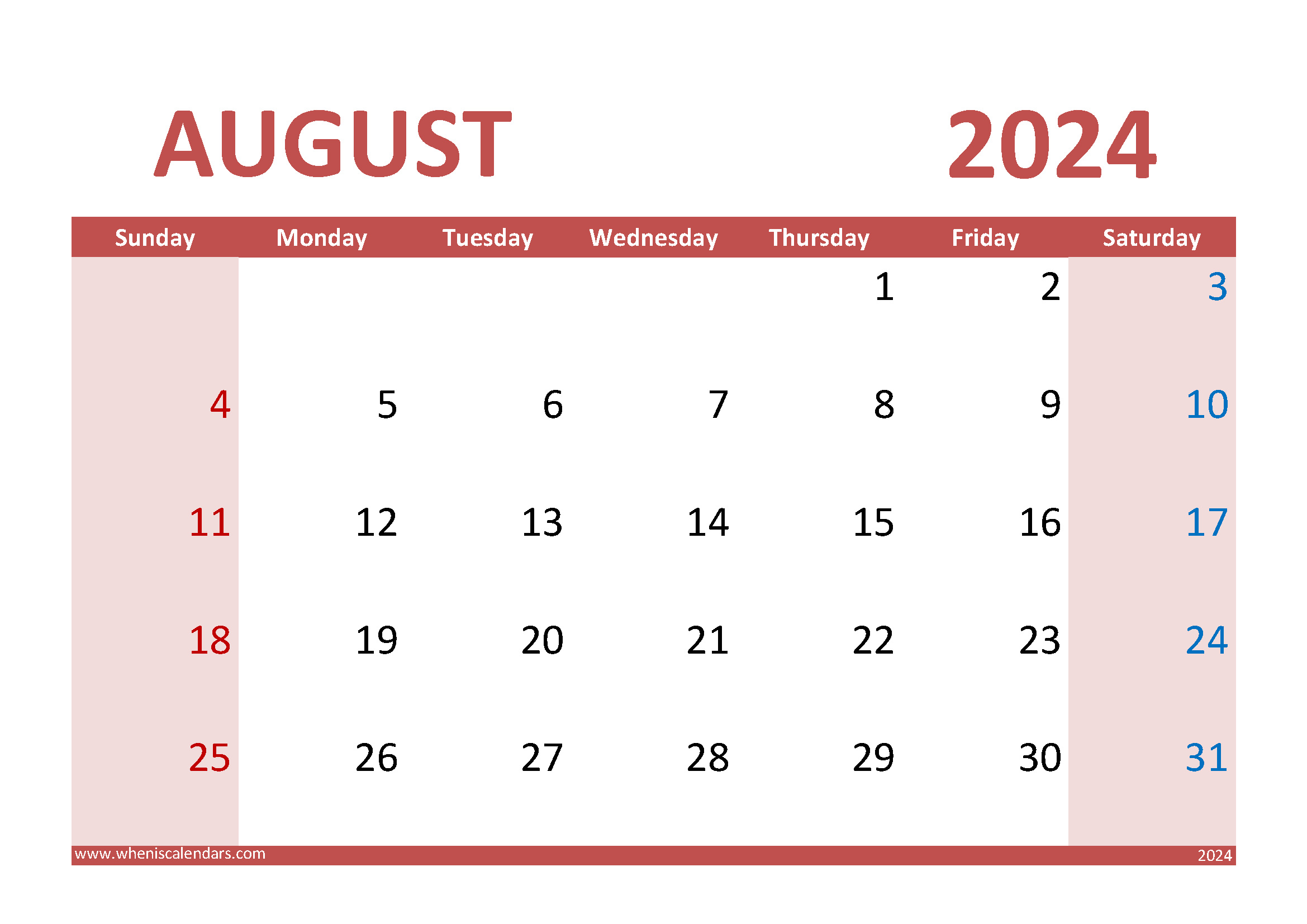 Download Free Printable Calendar August 2024 A4 Horizontal 84015