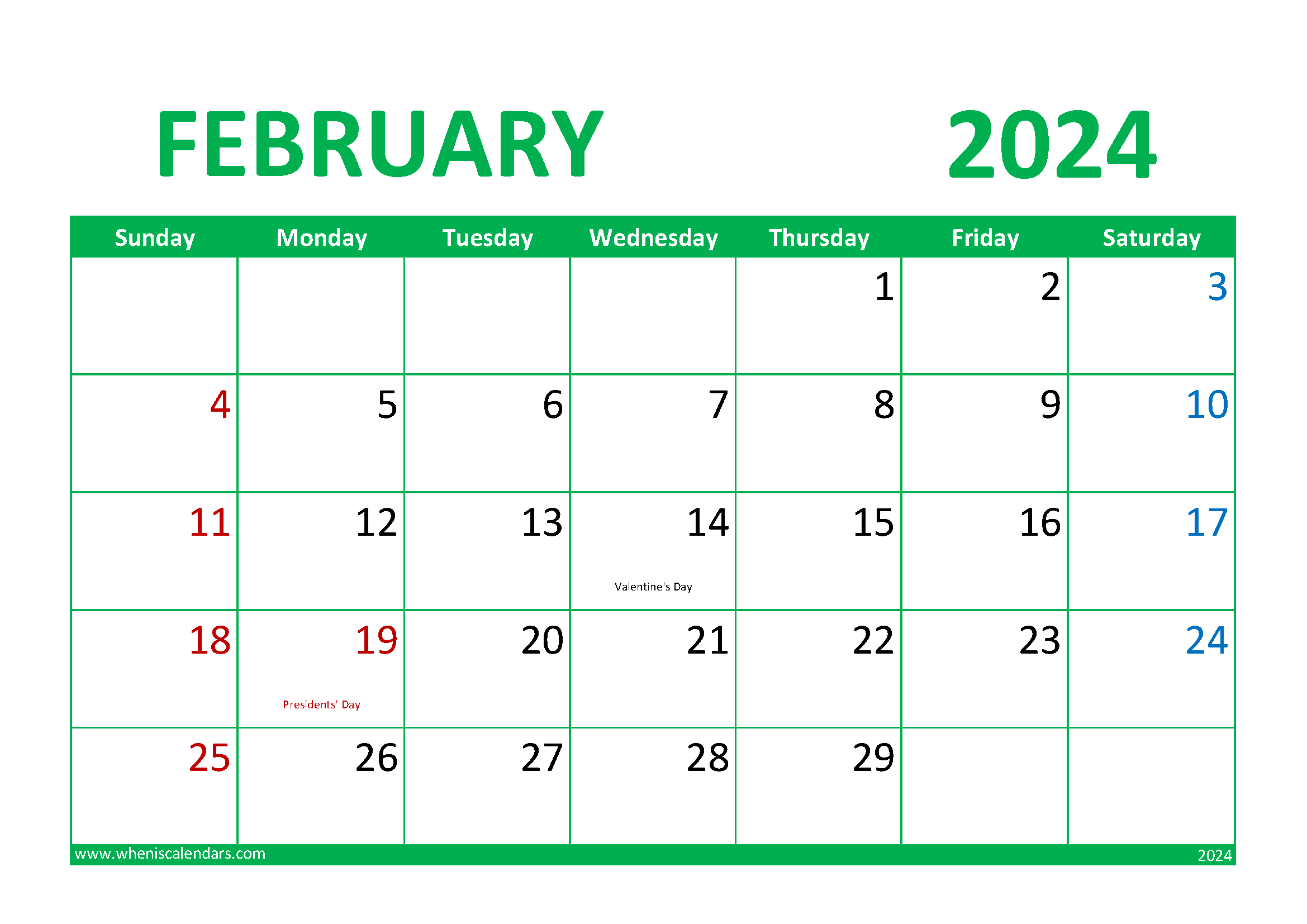 Download February 2024 Calendar Printable Free A4 Horizontal 24016