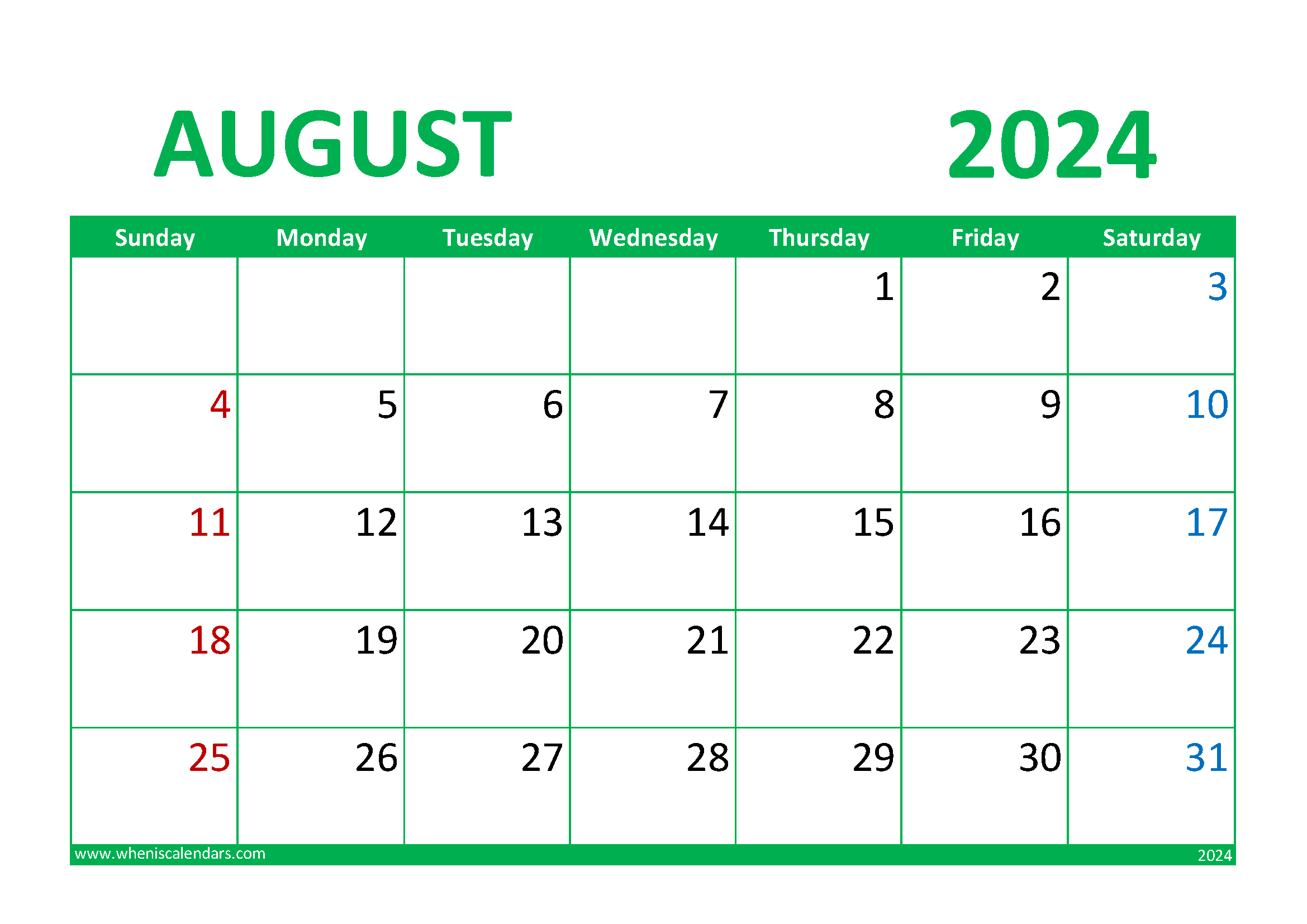 Download August 2024 Calendar Printable Free A4 Horizontal 84016