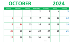 October Print Calendar 2024 O1296