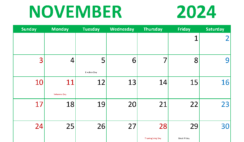 November Print Calendar 2024 N1296