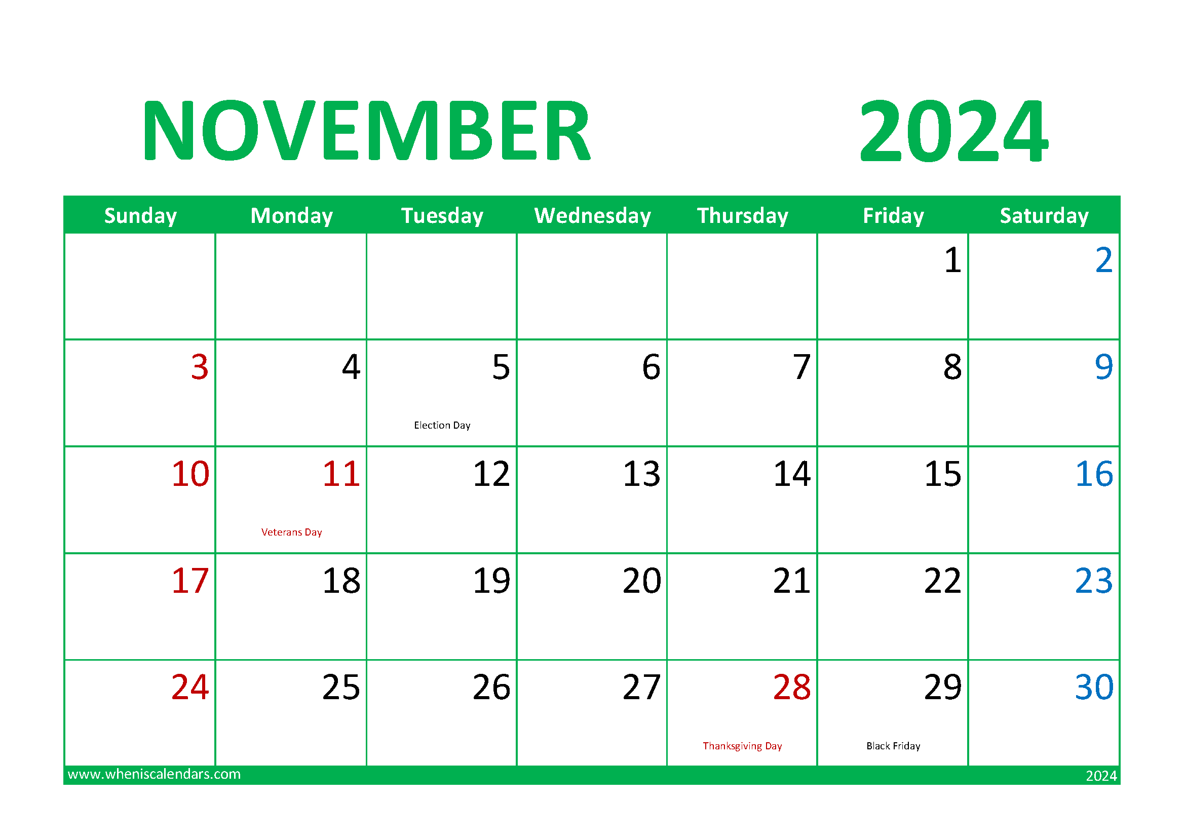 Download November 2024 Calendar Printable Free A4 Horizontal 114016