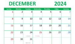 December Print Calendar 2024 D1296