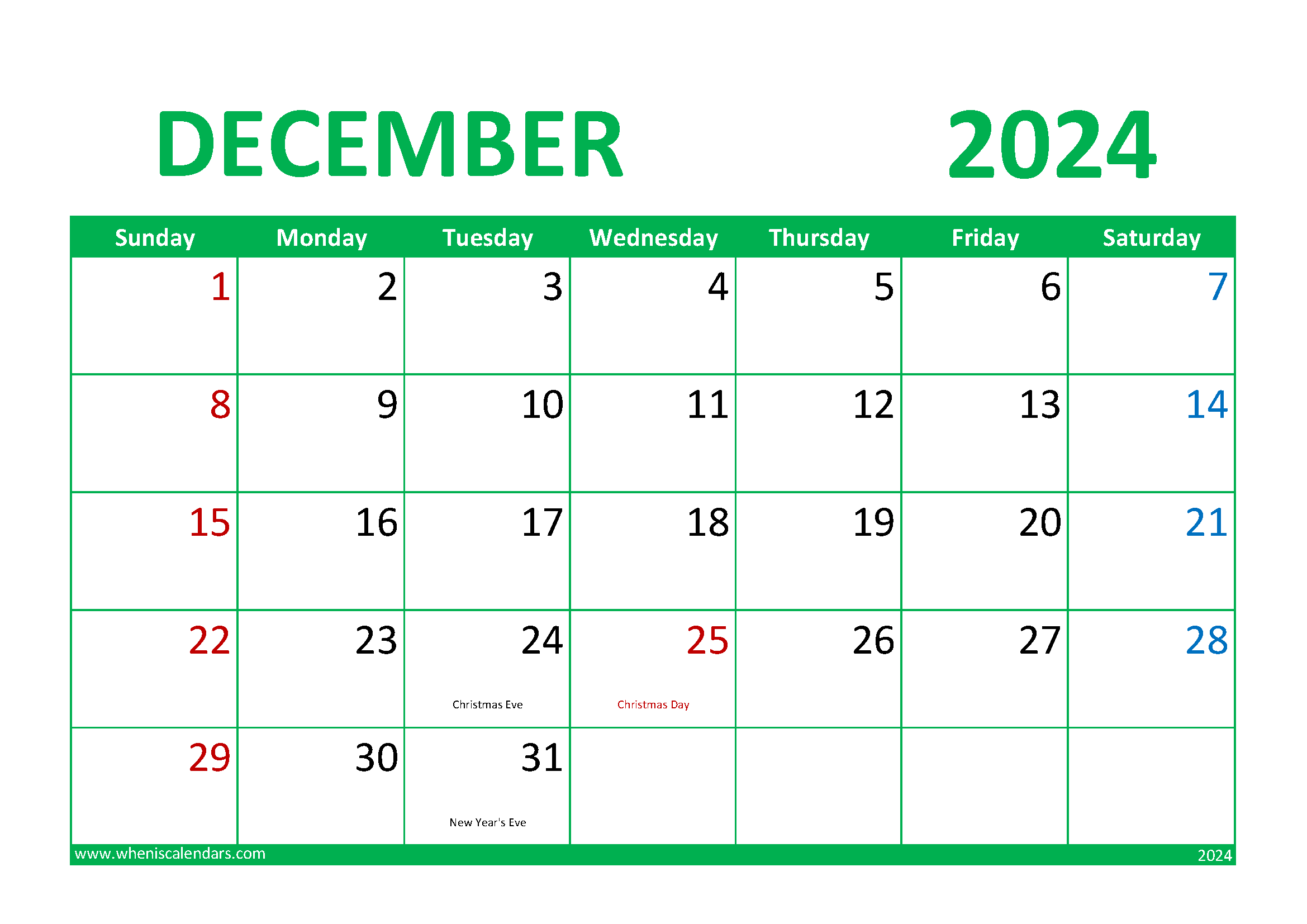 Download December 2024 Calendar Printable Free A4 Horizontal 124016