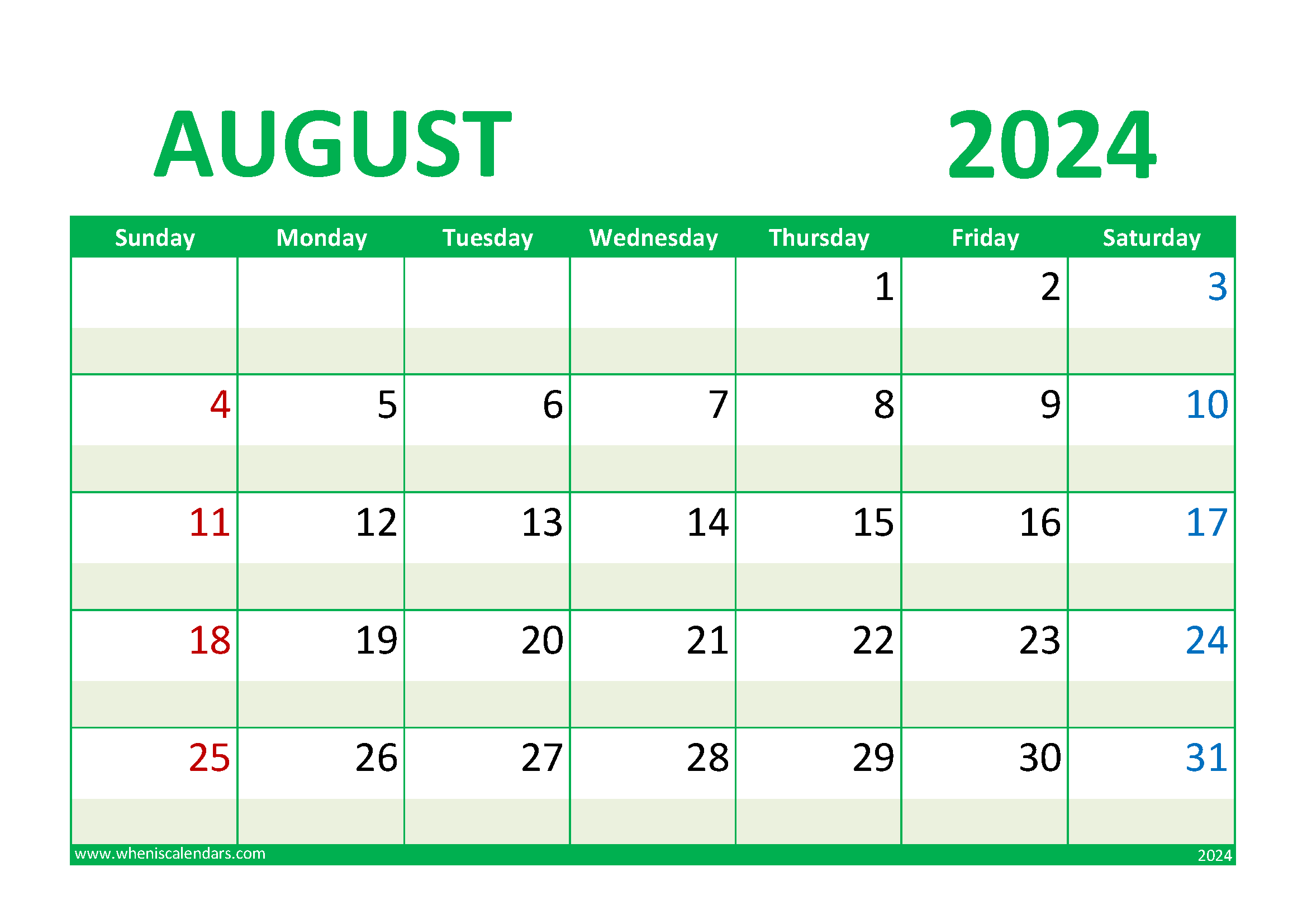 Download 2024 August Calendar Holiday A4 Horizontal 84017