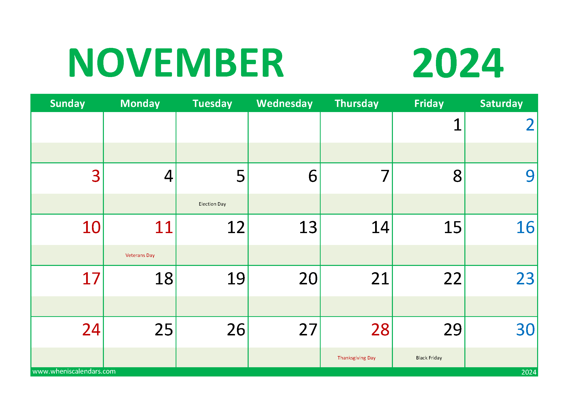 Download 2024 November Calendar Holiday A4 Horizontal 114017