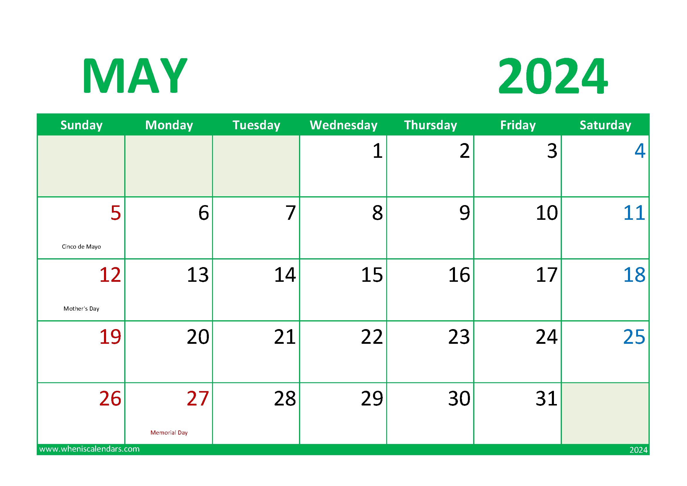 Download May 2024 Calendar Free Printable A4 Horizontal 54018