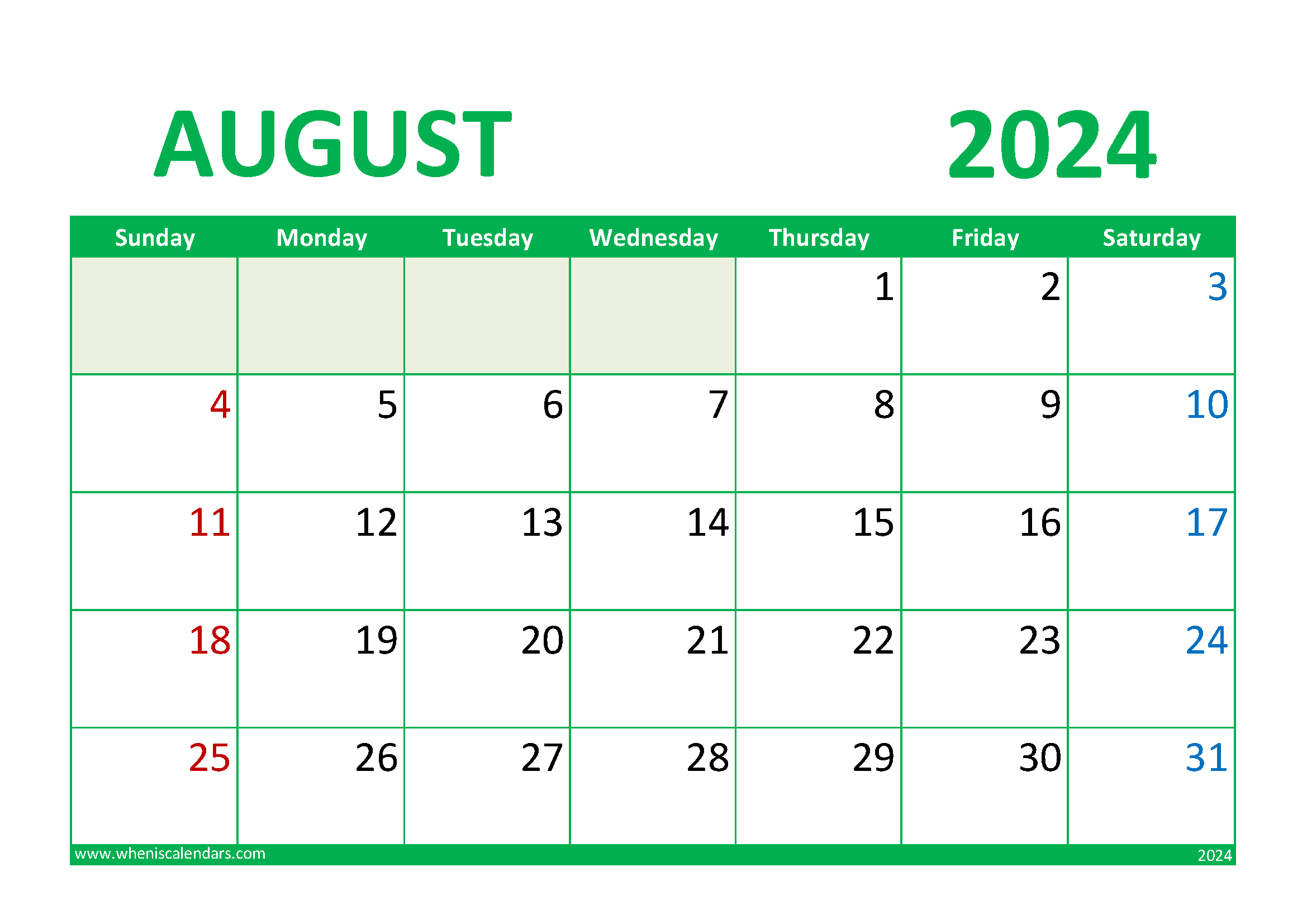 Download August 2024 Calendar Free Printable A4 Horizontal 84018