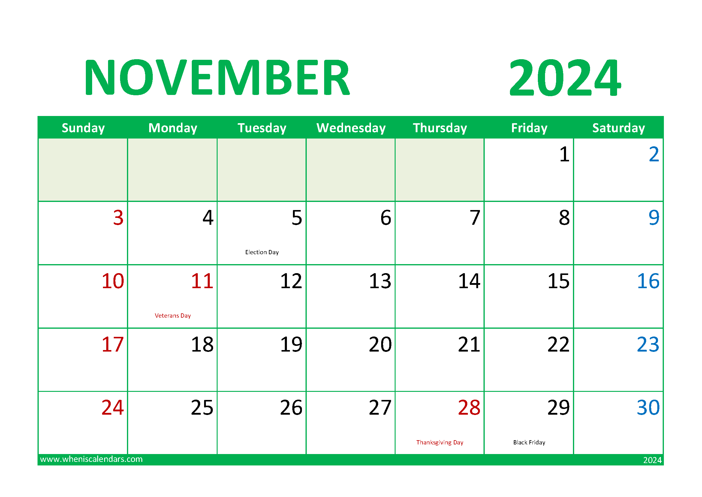 Download November 2024 Calendar Free Printable A4 Horizontal 114018