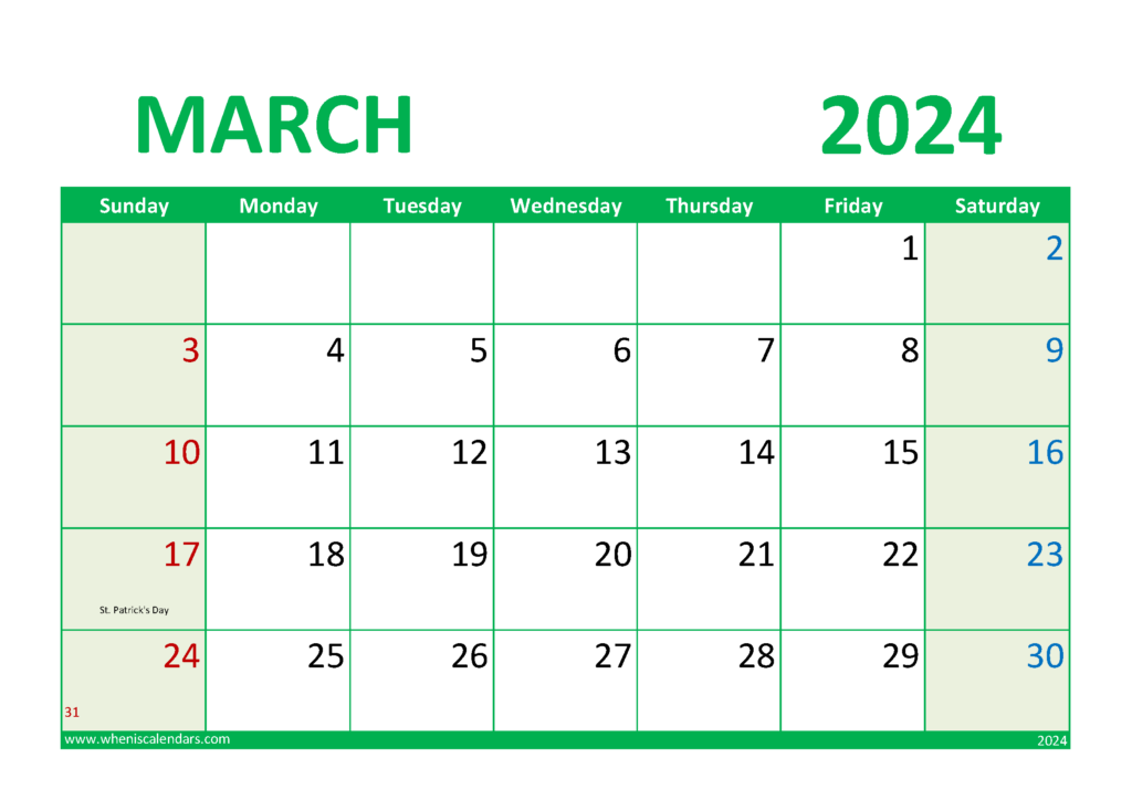 March 2024 Calendar Excel Download M3299