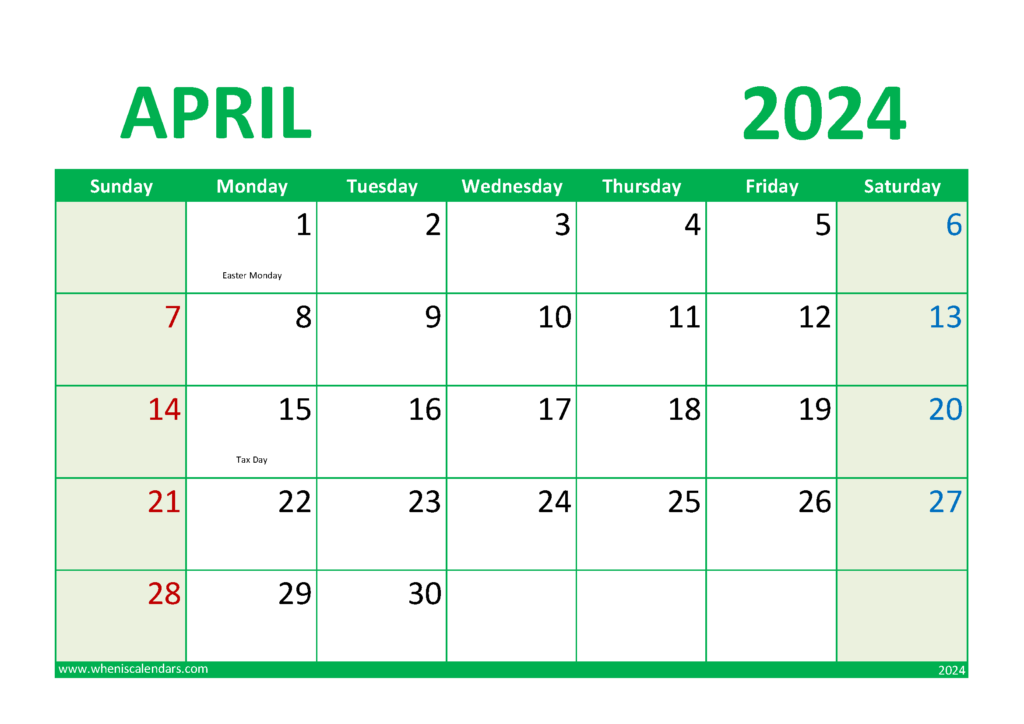 2024 April Calendar Printable A4019