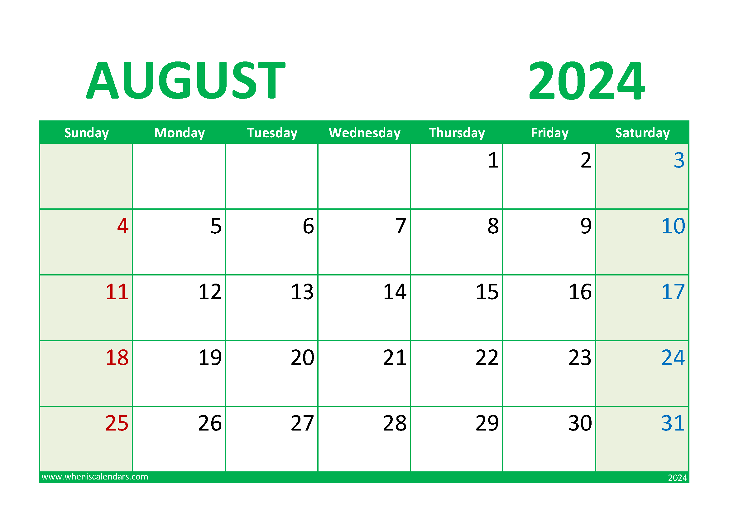 Download 2024 August Calendar Holiday A4 Horizontal 84017