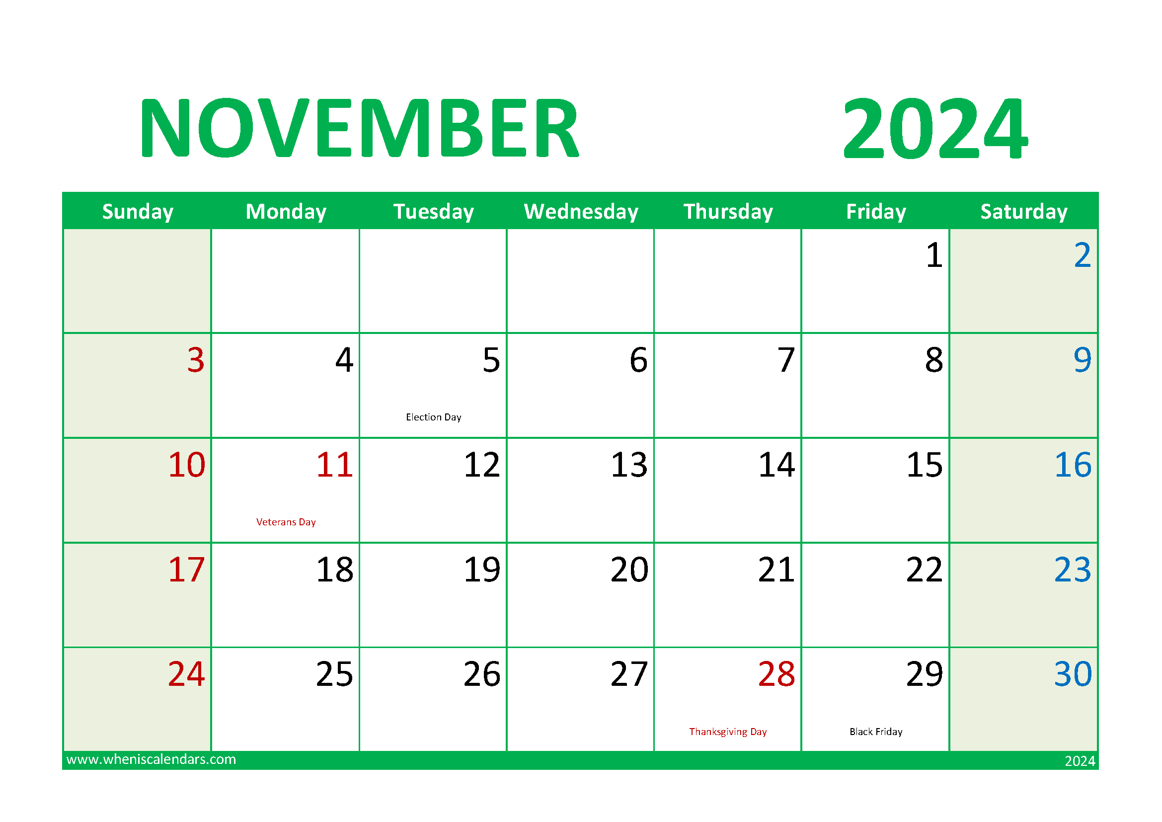 Download 2024 November Calendar Printable A4 Horizontal 114019