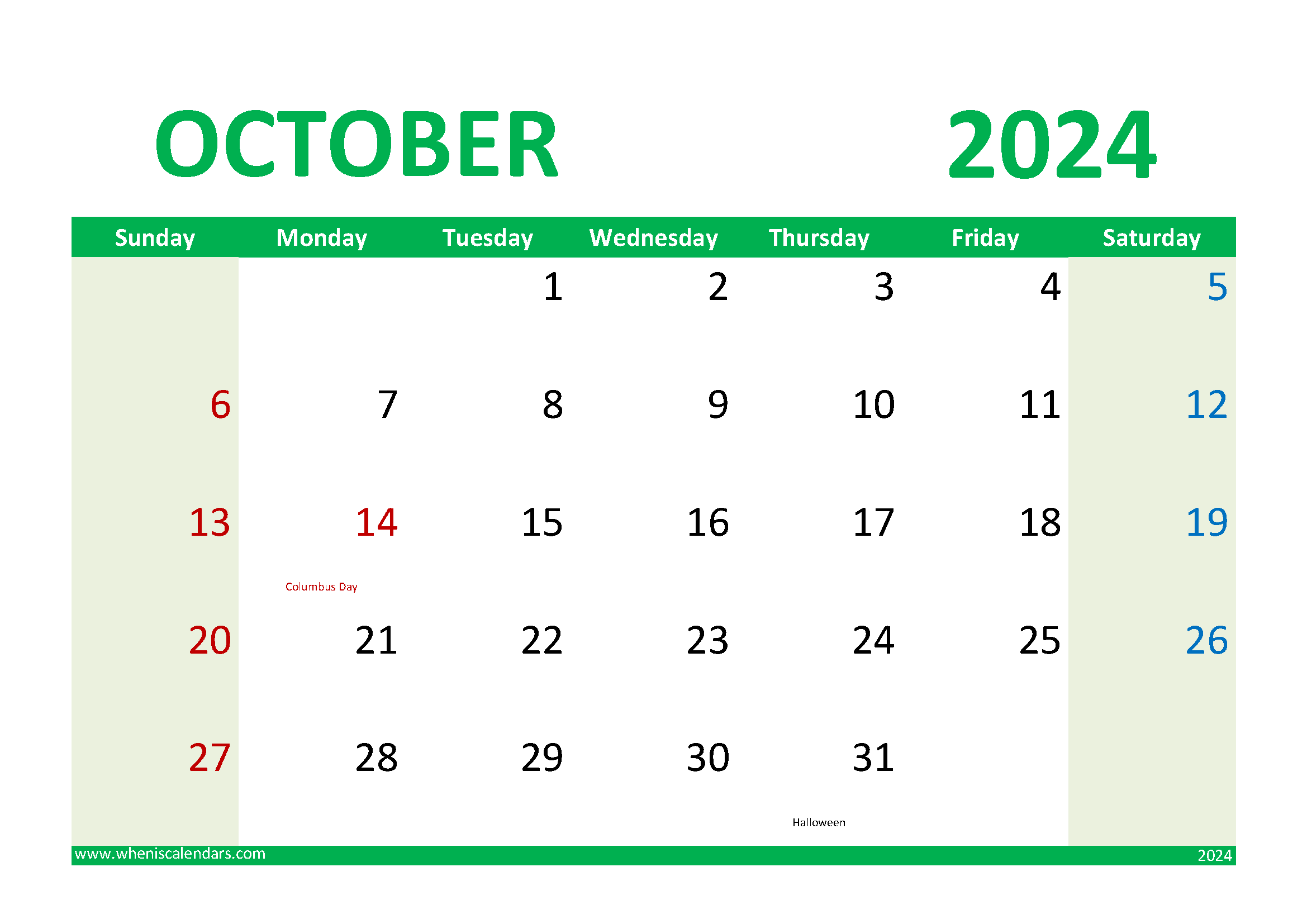 Download 2024 October Calendar Printable A4 Horizontal 104019