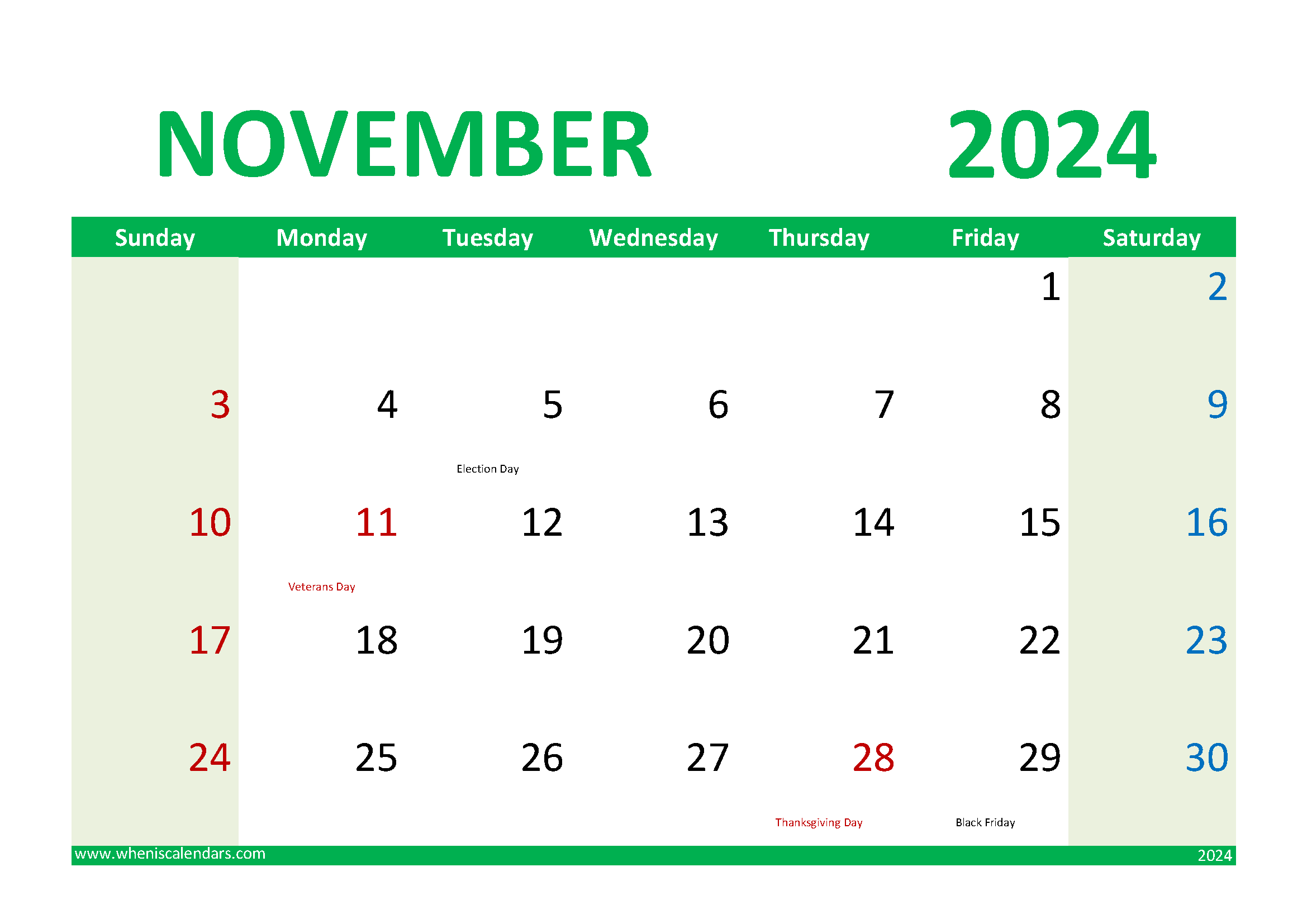 Download November 2024 Printable Calendar Free A4 Horizontal 114020