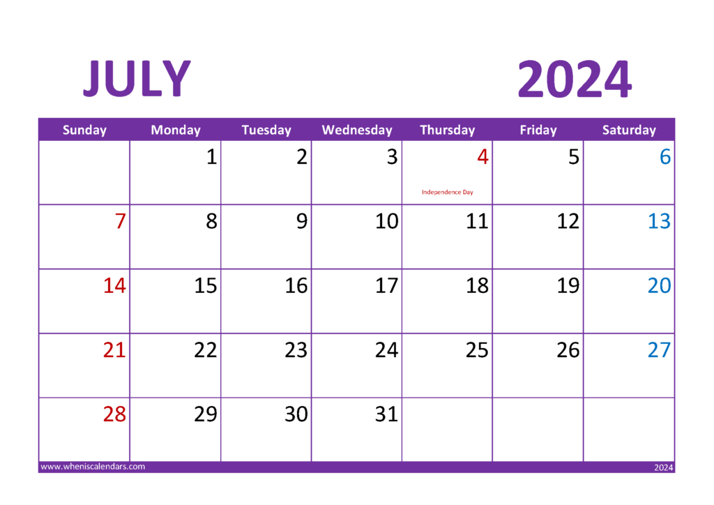 July 2024 Blank Calendar J7021