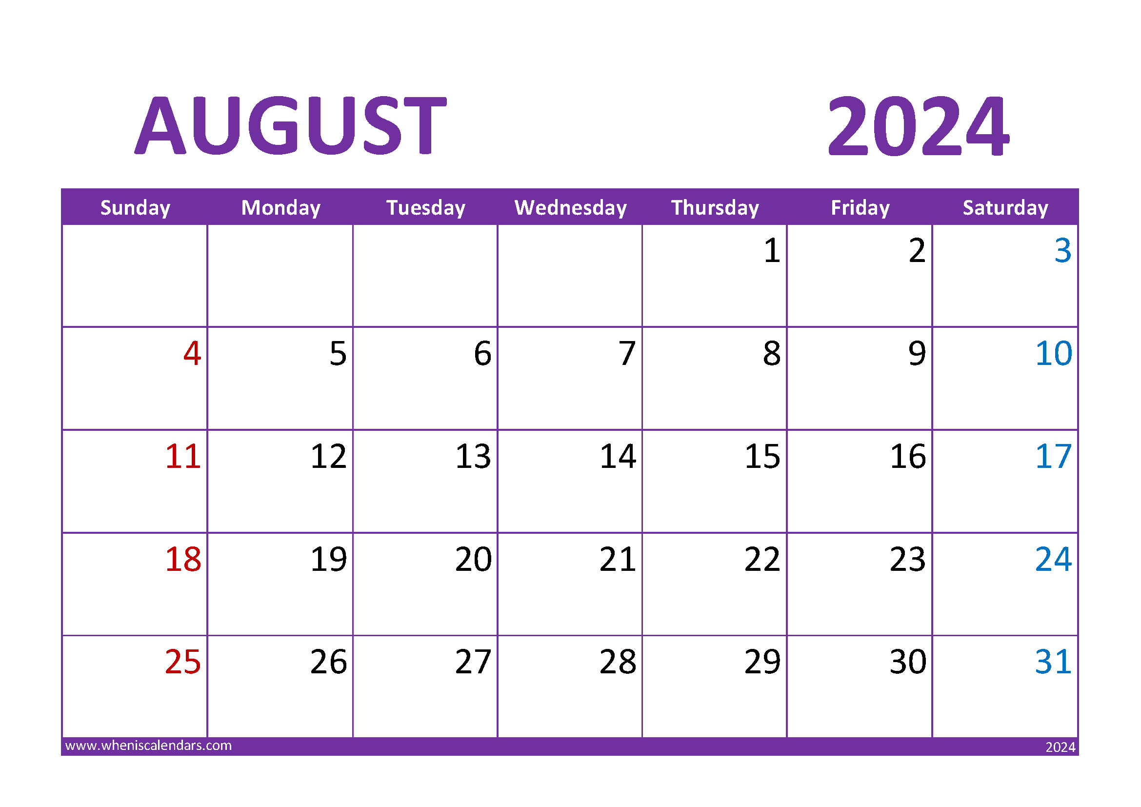 Download August 2024 Blank Calendar A4 Horizontal 84021