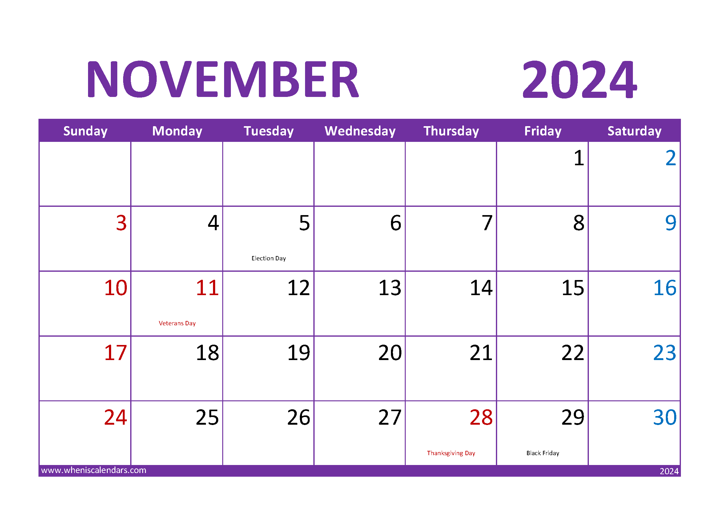 Download November 2024 Blank Calendar A4 Horizontal 114021