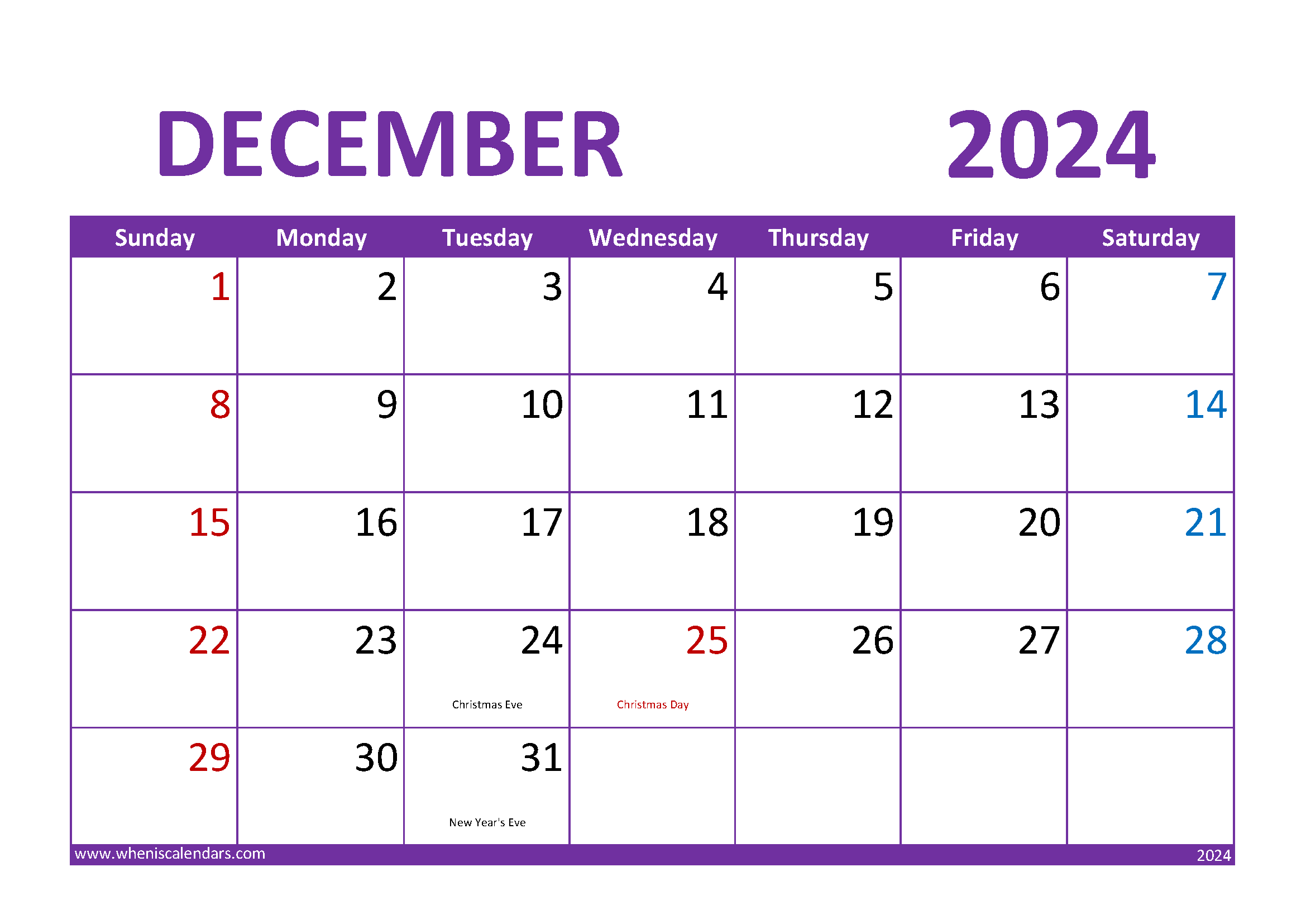 Download December 2024 Blank Calendar A4 Horizontal 124021