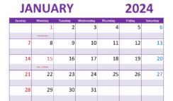 Download January Calendar 2024 with Holidays A4 Horizontal J4022