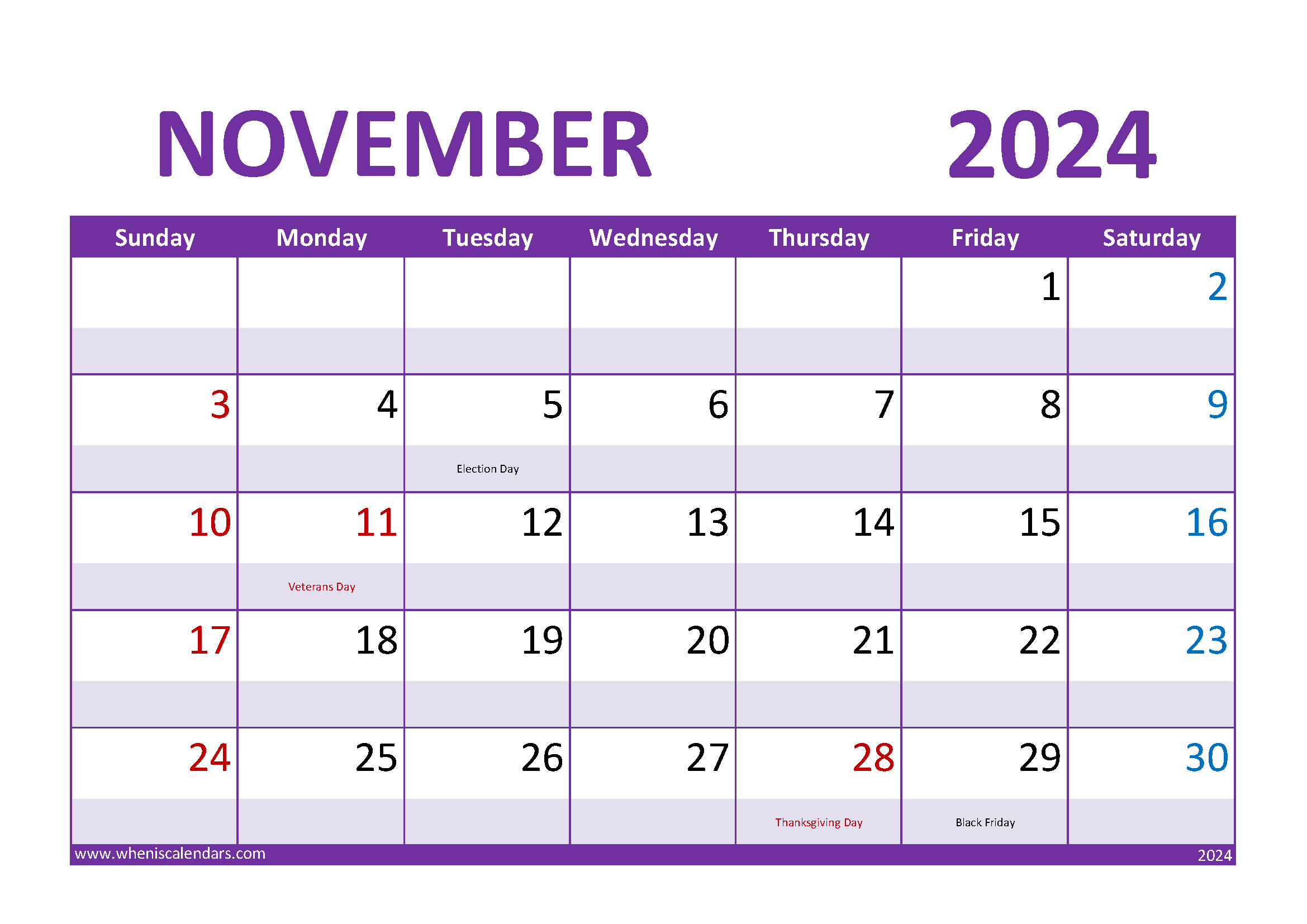 Download November Calendar 2024 with Holidays A4 Horizontal 114022