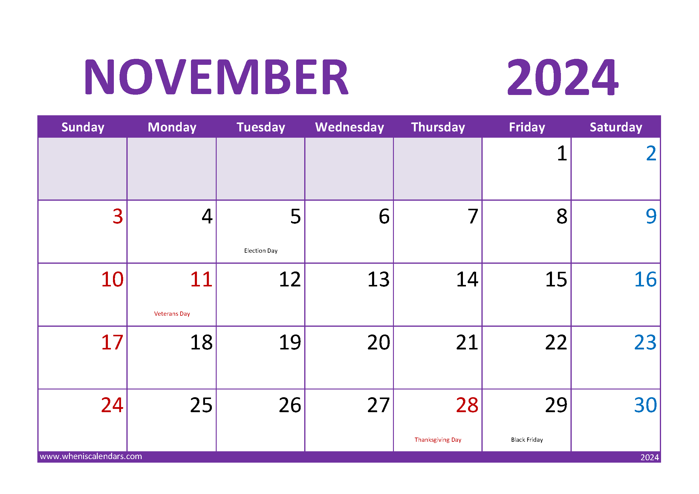 Download Blank Calendar November 2024 A4 Horizontal 114023