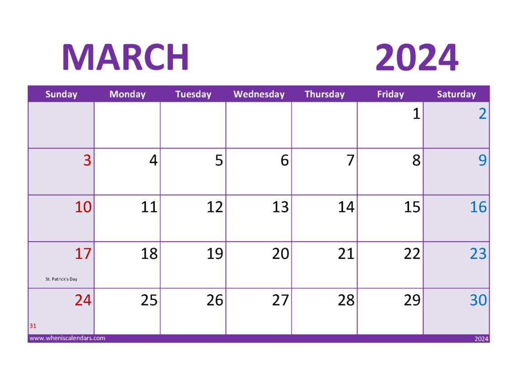 March 2024 Free Printable Calendar M3024