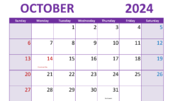 2024 Blank Monthly Calendar October O1304