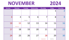 2024 Blank Monthly Calendar November N1304