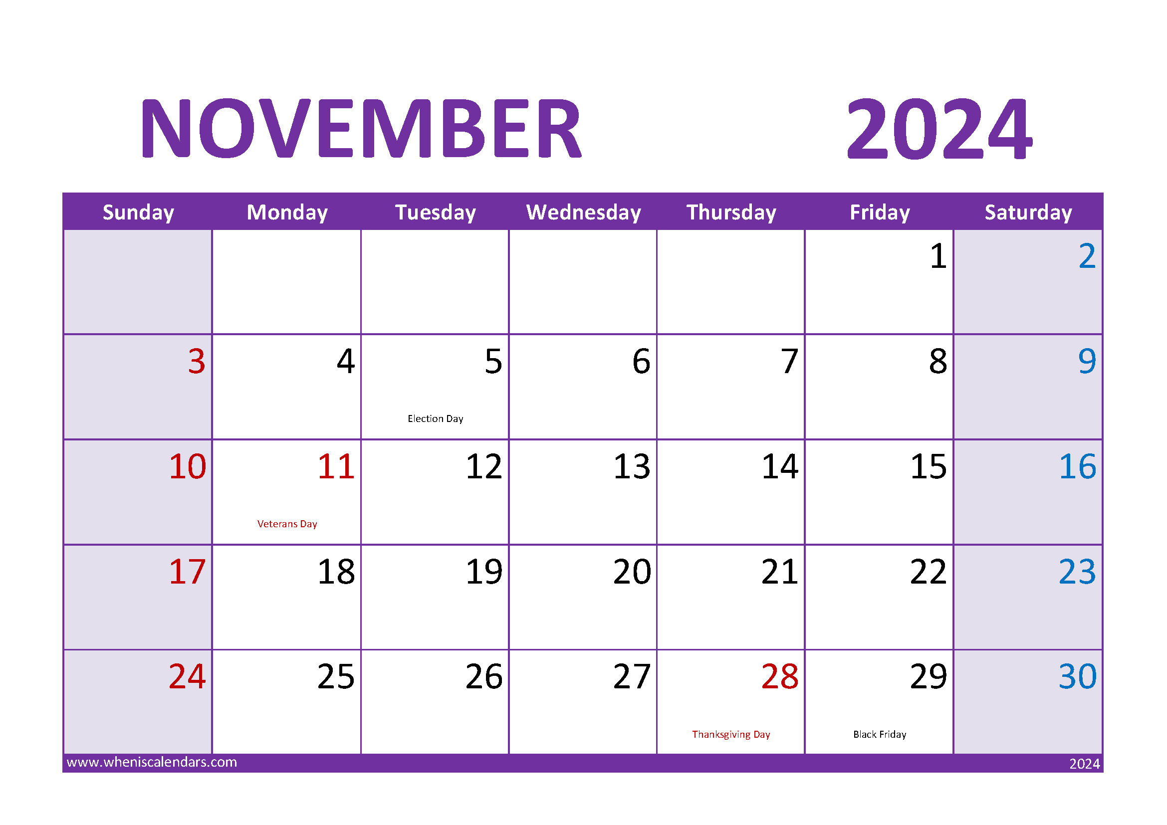 Download November 2024 Free Printable Calendar A4 Horizontal 114024