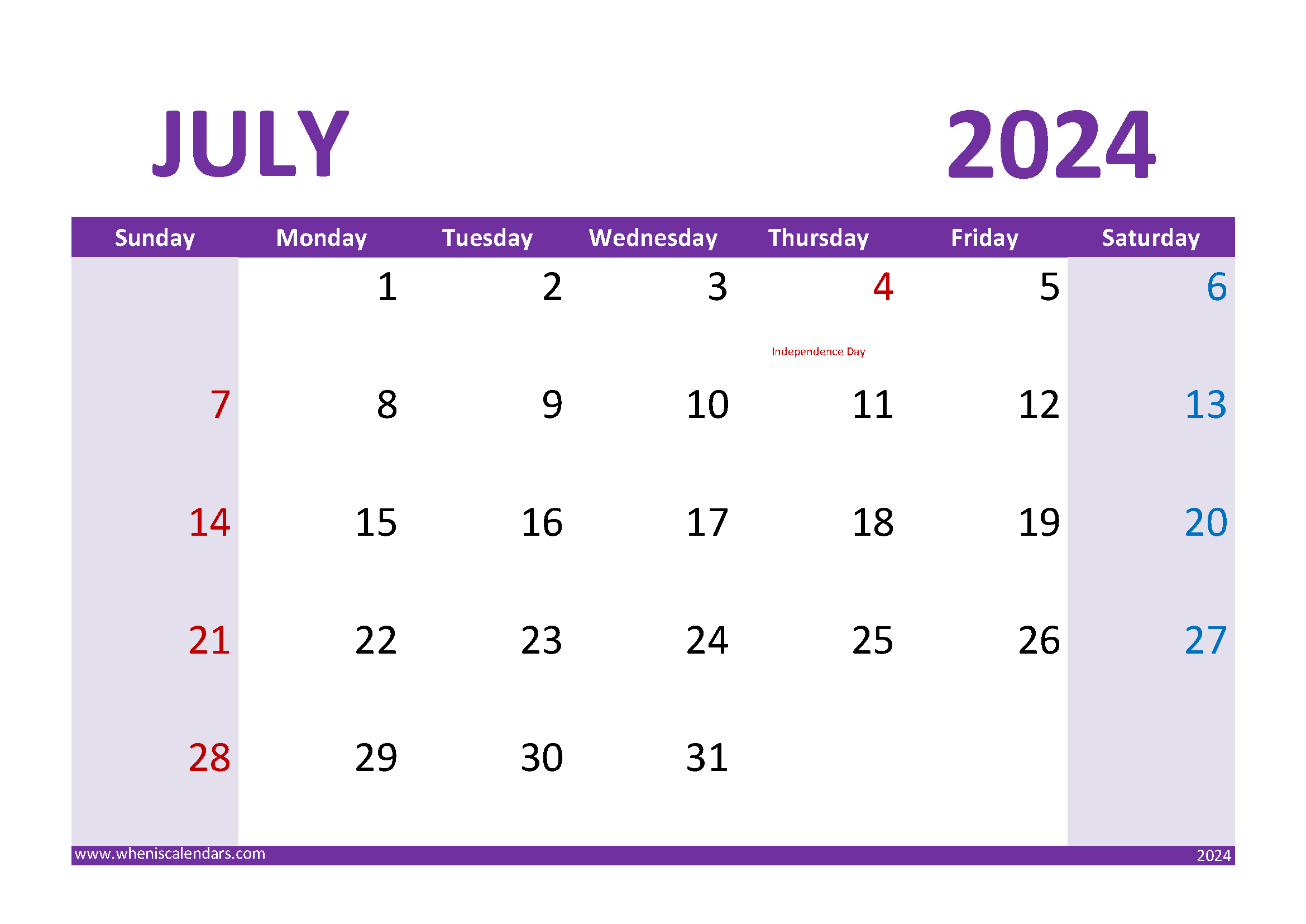 Download Print July 2024 Calendar A4 Horizontal 74025