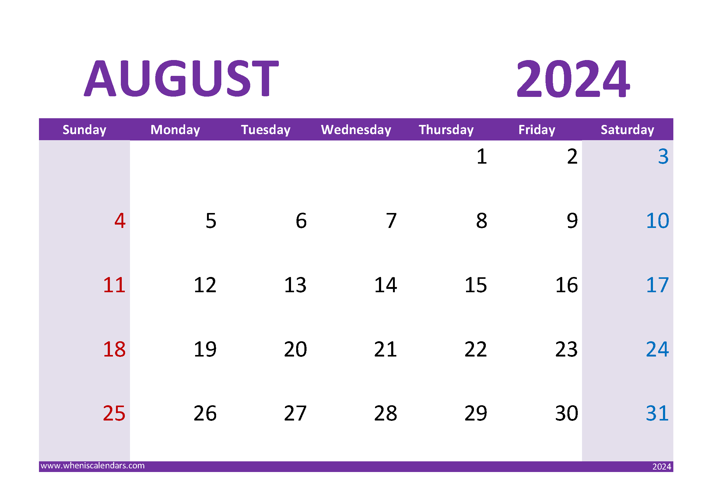 Download print August 2024 Calendar A4 Horizontal 84025