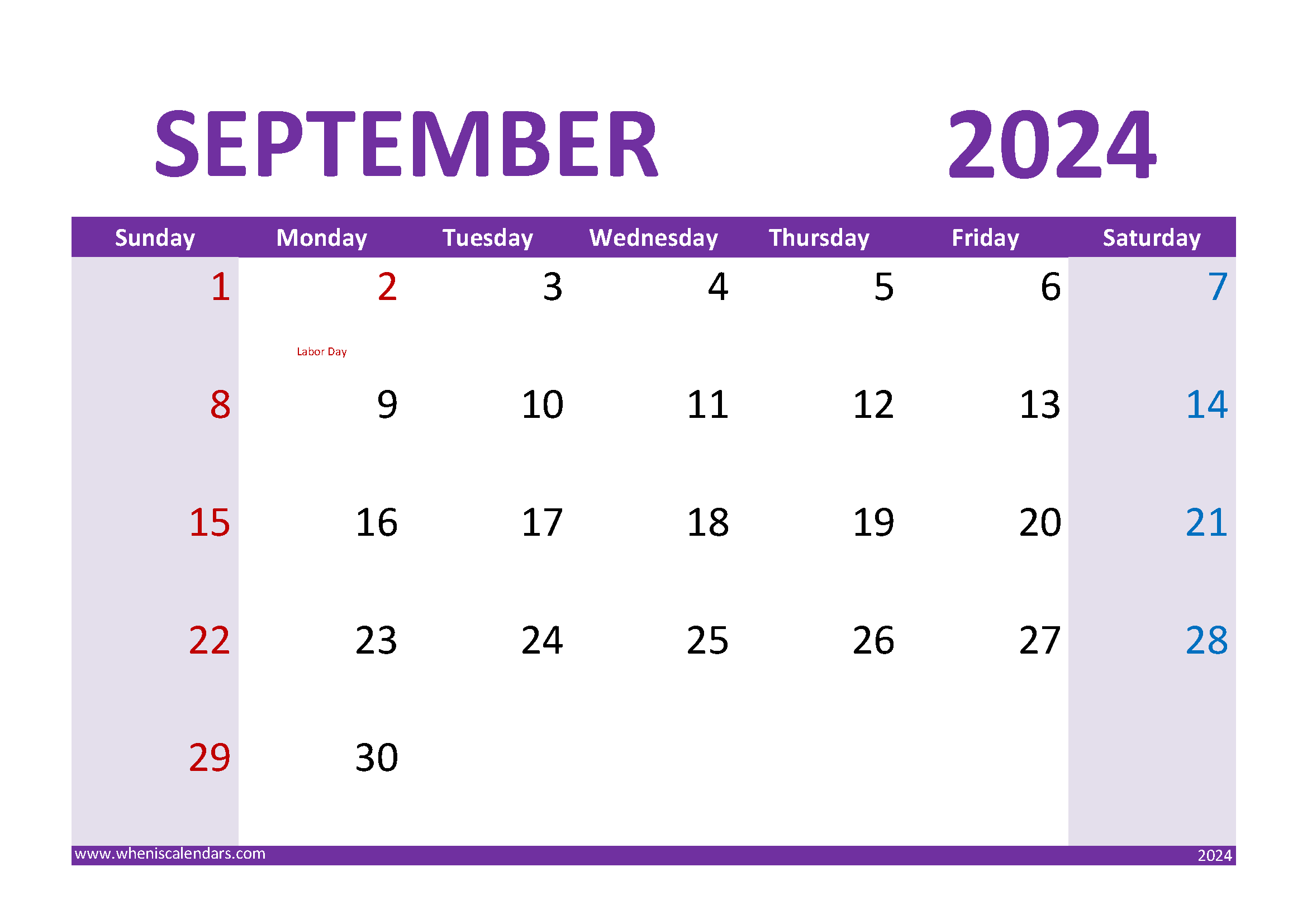 Download print September 2024 Calendar A4 Horizontal 94025