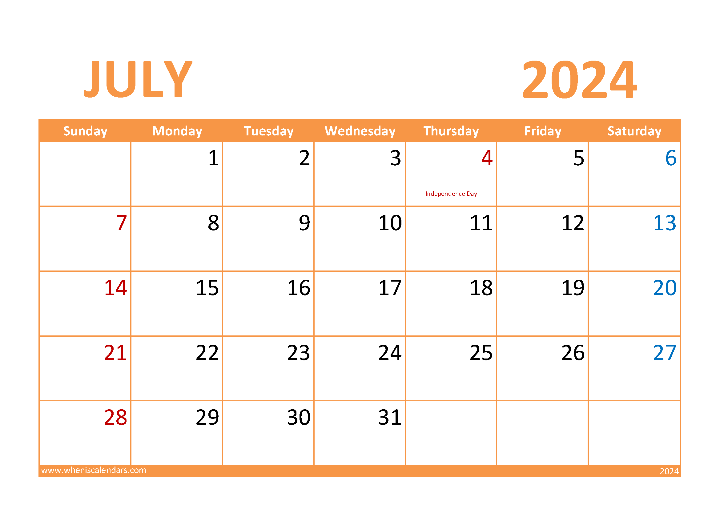 Download Printable July Calendar 2024 A4 Horizontal 74026