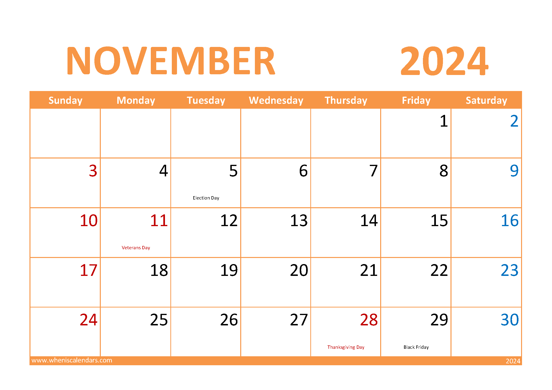 Download November 2024 Free Printable Calendar A4 Horizontal 114024