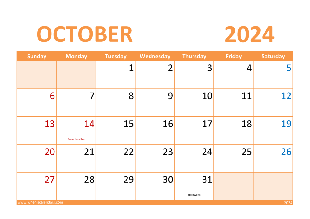 Download October Blank Calendar 2024 A4 Horizontal 104028