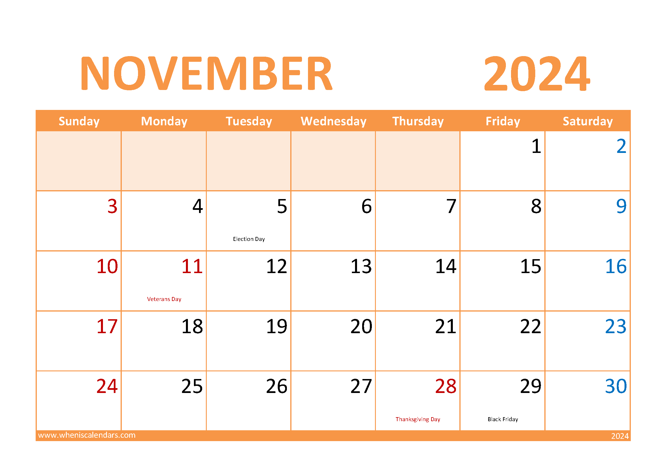 Download November 2024 Holiday Calendar A4 Horizontal 114027