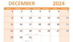 month Calendar Printable December 2024 D1309