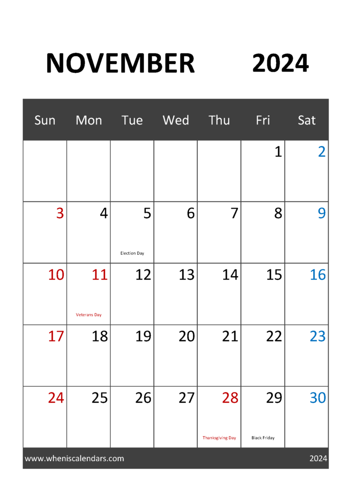 Download November 2024 Calendar editable A4 Vertical 114031