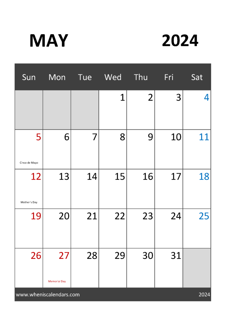 2024 May Calendar With Holidays M5033