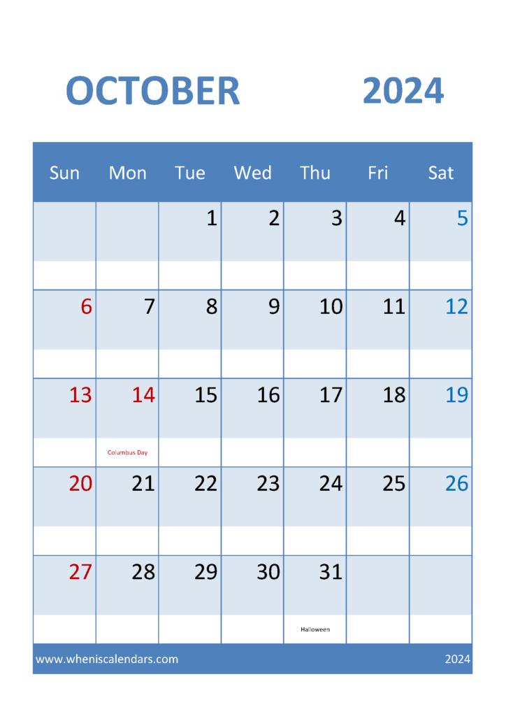 Download Calendar For October 2024 Printable A4 Vertical 104036