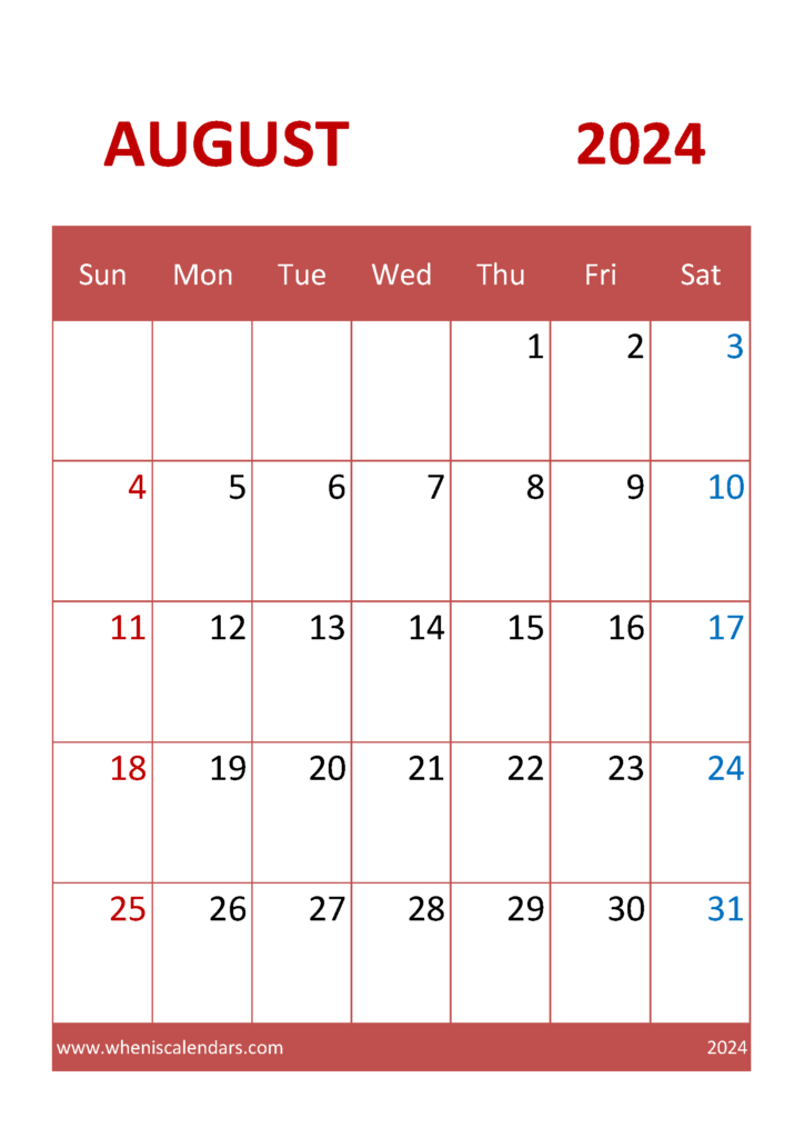 Download August 2024 Calendar Free A4 Vertical 84041