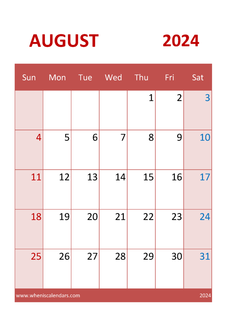 Download August 2024 editable Calendar A4 Vertical 84044